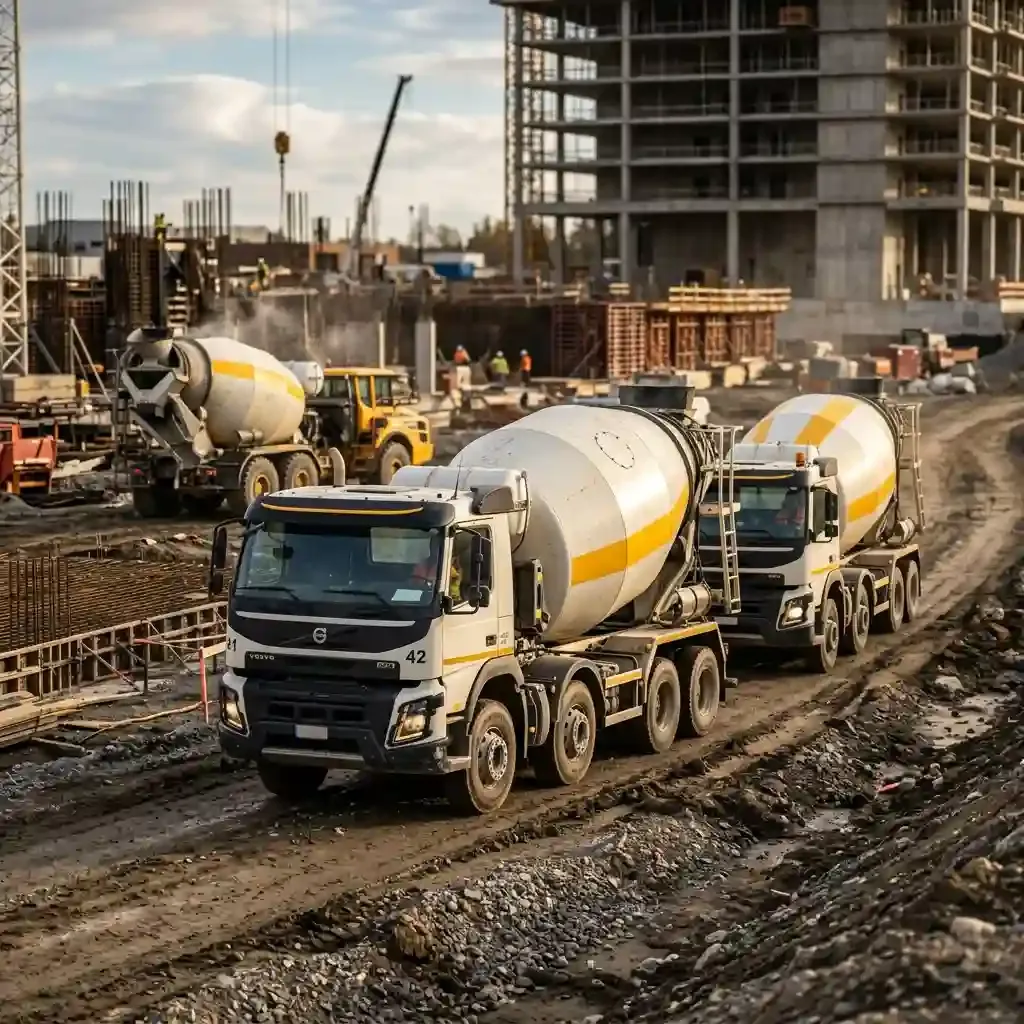 Heavy-duty concrete spinner trucks arriving at a major construction site