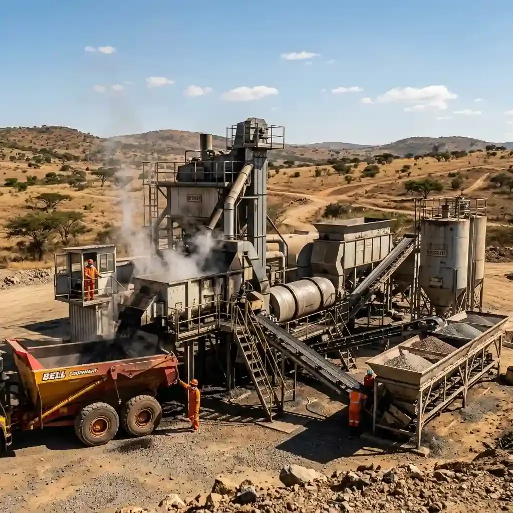 Large mobile asphalt batch plant and crushing equipment operating on site